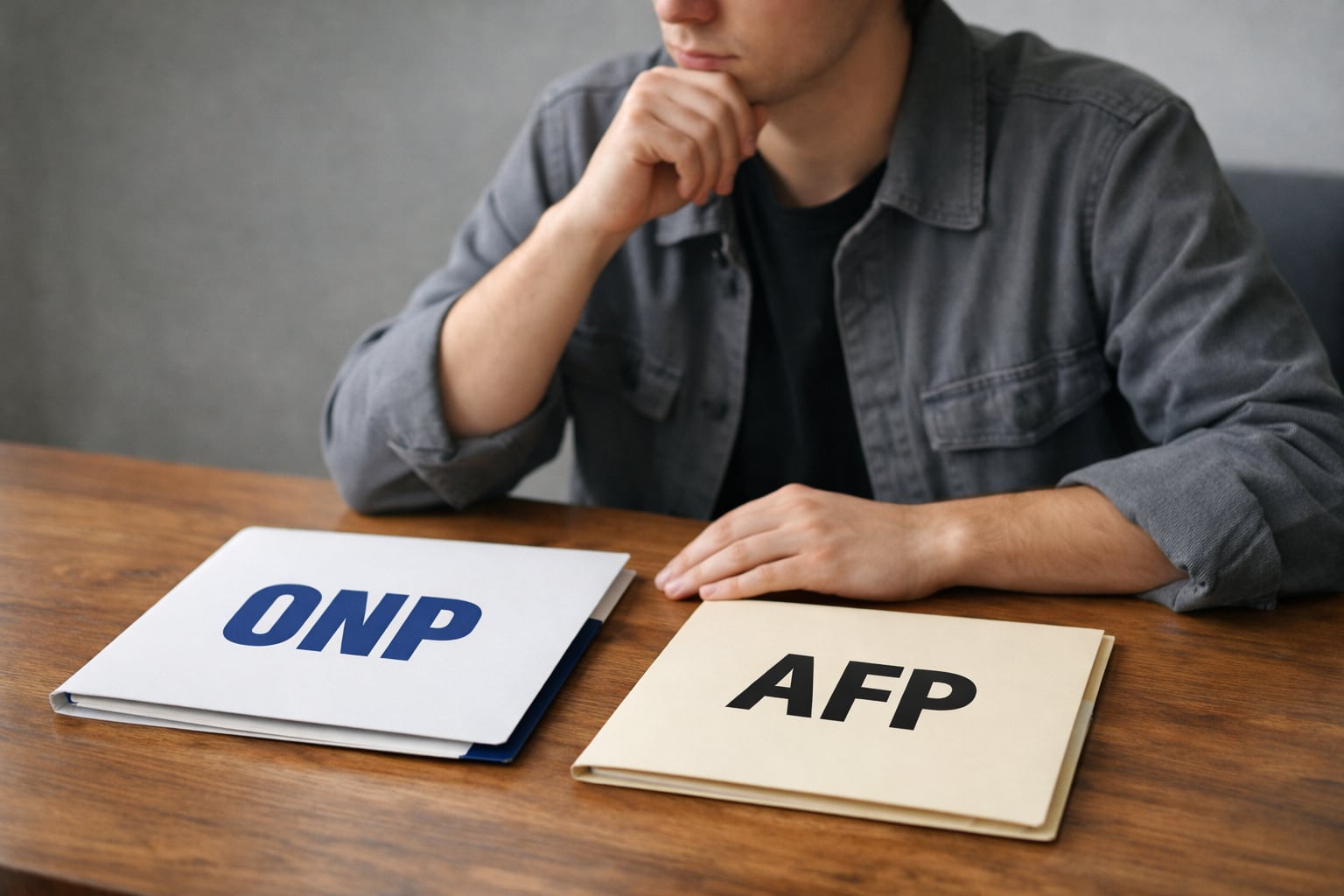 Un individuo evalúa las opciones de sistemas de pensiones ONP y AFP, representadas por carpetas sobre una mesa de madera, meditando una decisión crucial para su futuro. (Imagen Ilustrativa Infobae)