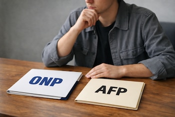 Persona con camisa gris sentada en una mesa de madera, contemplando dos carpetas: una blanca con el logo 'ONP' y otra crema con el logo 'AFP'.
