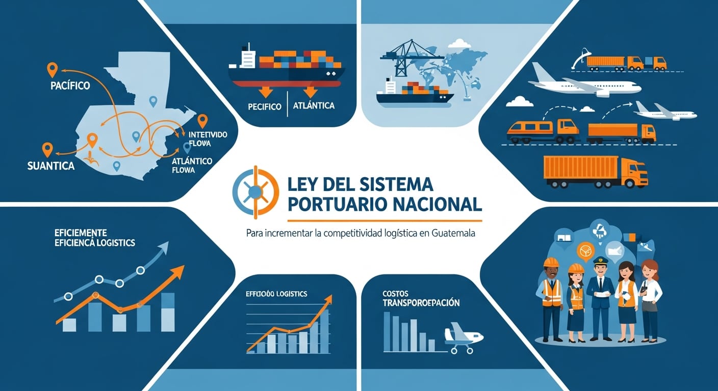 Infografía detallada de la Ley del Sistema Portuario Nacional de Guatemala, que ilustra las estrategias y beneficios para aumentar la competitividad logística mediante la optimización de rutas y modos de transporte en el país. (Imagen Ilustrativa Infobae)