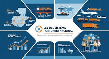 Infografía que muestra el mapa de Guatemala con puertos y rutas, barcos, aviones, trenes, camiones, gráficos de eficiencia logística y profesionales del sector.