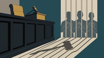 Ilustración de un estrado judicial con un mazo y una silla, junto a tres figuras humanas detrás de barrotes y sombras en el suelo.