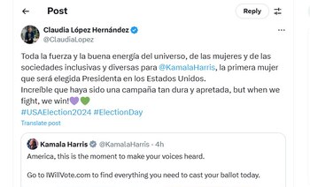 Claudia López mostró su apoyo a Kamala Harris el día de las elecciones en Estados Unidos - crédito @ClaudiaLopez