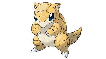 Ilustración de un Sandshrew, Pokémon de color beige y caparazón segmentado. Tiene ojos azules, orejas puntiagudas y garras blancas. Está de pie