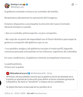 El ministro designado Rodrigo Lara aseguró que el Gobierno entrante no quiere un contralor de bolsillo - crédito @Rodrigo_Lara_/X