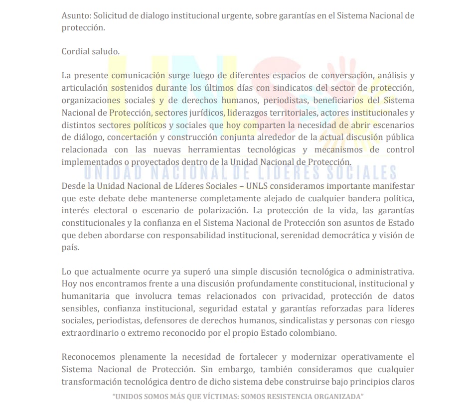 La unidad pidió que no existen barreras políticas en la discusión de la seguridad de los protegidos - crédito Unidad Nacional de Líderes Sociales