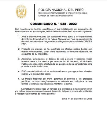 Comunicado de la Policía Nacional