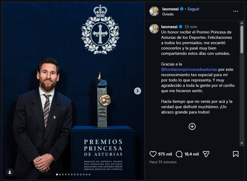 La publicación de Lionel Messi luego de recibir el Premio Princesa de Asturias (@leomessi)