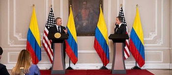 El presidente de Colombia, Iván Duque Márquez, y el secretario de Estado de Estados Unidos, Antony Blinken, en una rueda de prensa tras su reunión (EuropaPress)