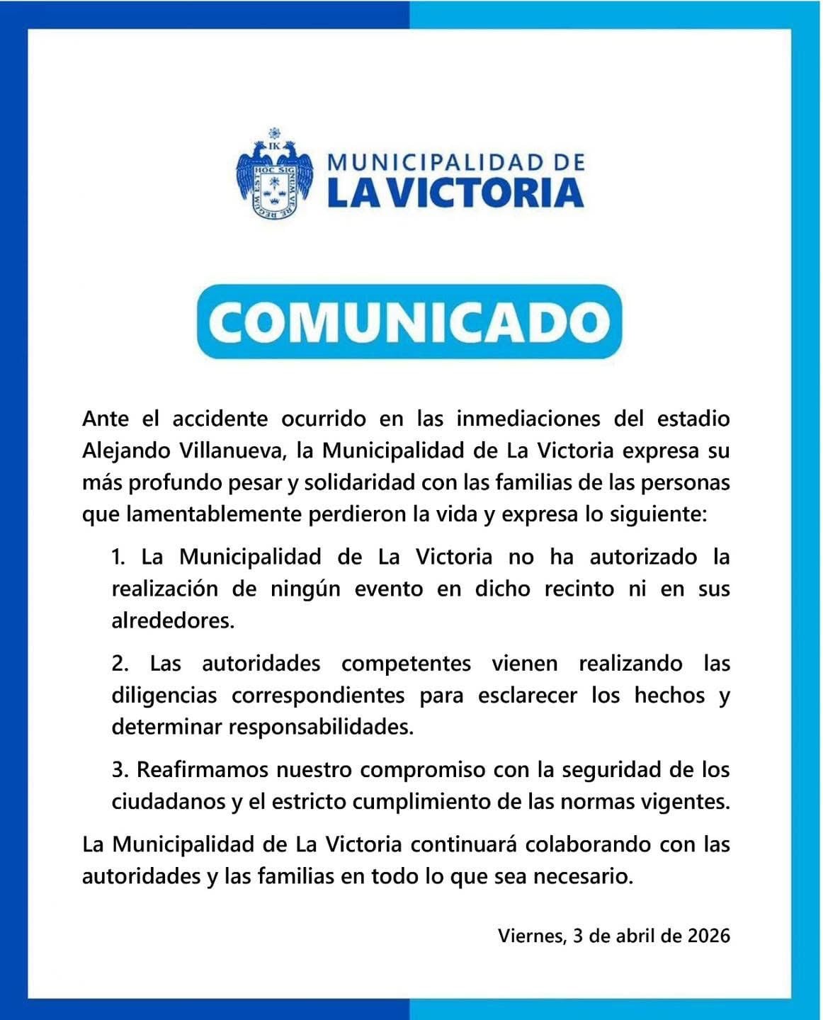 Comunicado de la Municipalidad de La Victoria.