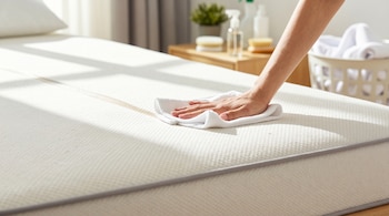 Una mano frota un paño blanco sobre un colchón de color claro en una habitación iluminada por la luz del sol que entra por una ventana. Artículos de limpieza en segundo plano.