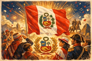 Ilustración de la bandera peruana con el escudo, dos escudos de laureles, personas saludando, soldados, un jinete y fuegos artificiales.