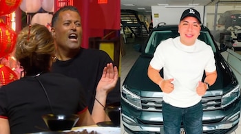 Collage de dos imágenes: un hombre gesticulando y una persona de espaldas con fondo rojo, y un joven sonriendo frente a un SUV con dos pulgares arriba.