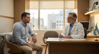 Un paciente de camisa azul y un doctor con bata blanca se sientan frente a un escritorio en un consultorio moderno con una ventana grande y una bandera de Argentina.