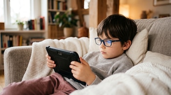 Una niña con gafas y suéter gris sostiene una tableta negra mientras descansa recostada en un sillón blanco