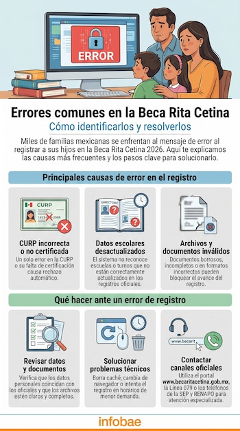 Infografía que muestra a una familia preocupada frente a un computador con un mensaje de error, detallando las causas y soluciones para problemas de registro de la Beca Rita Cetina.