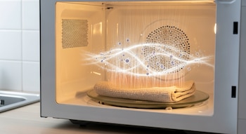 Horno microondas con un paño de cocina beige sobre un plato de vidrio. Efecto de líneas luminosas y partículas flotando en el aire caliente.