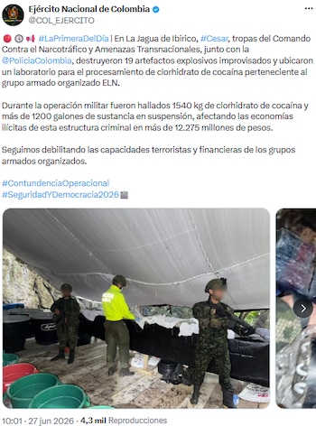 Descubrieron laboratorio clandestino del ELN en Cesar, decomisaron cocaína, explosivos y combustible - crédito @COL_EJERCITO/X
