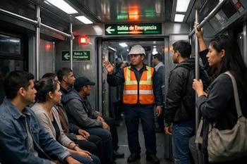 Interior de un vagón de metro con pasajeros sentados y de pie. Un empleado con chaleco y casco guía a los pasajeros. Hay señales de evacuación y luces de emergencia.