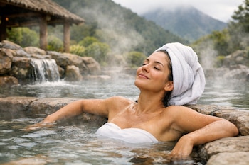 Mujer con toalla blanca en la cabeza se relaja en aguas termales. Vapor se eleva del agua, con cascada de roca y montañas verdes de fondo.