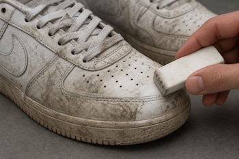 Una mano sostiene una goma de borrar blanca sobre la punta manchada de una zapatilla deportiva de cuero blanco sobre fondo gris.
