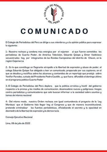 Comunicado del Colegio de Periodistas