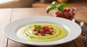 Salmorejo de calabacín verde claro en un plato blanco, adornado con taquitos de jamón, aceite de oliva y albahaca. Al fondo, un vaso con más jamón y una cuchara sobre madera.