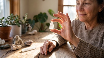 Primer plano de una mujer de mediana edad sosteniendo un pequeño cristal de selenita blanco y facetado sobre una mesa de madera, con plantas y una ventana al fondo.