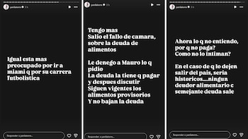 Tres capturas de pantalla de historias de Instagram de @yanilatorre, mostrando texto blanco sobre fondo negro y elementos de interfaz de usuario