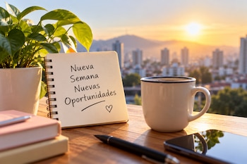 Una libreta abierta con texto escrito, una taza blanca, una planta en maceta y un teléfono móvil sobre una mesa de madera con la ciudad al fondo