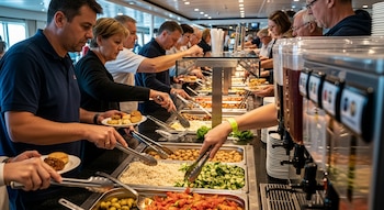 Vista detallada de manos de pasajeros utilizando pinzas para servirse de un bufé de autoservicio con múltiples bandejas de comida y dispensadores de bebidas a bordo de un crucero.