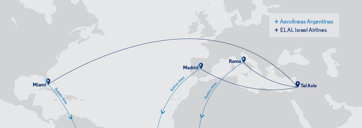 Las posibles rutas ofrecidas por Aerolíneas Argentinas para llegar a Israel
