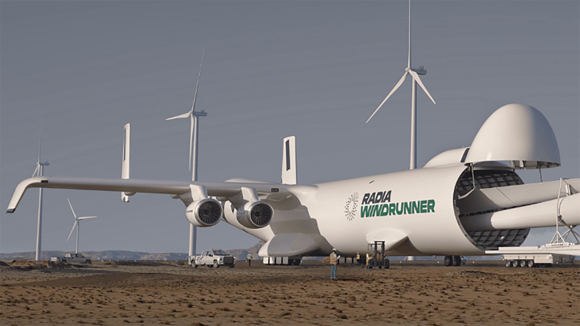 El WindRunner puede transportar palas de turbinas eólicas de hasta 105 metros, facilitando la expansión de parques en regiones remotas