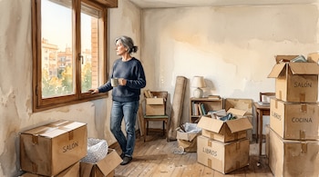 Ilustración de una mujer frente a una ventana con una taza, rodeada por cajas de cartón con letreros y muebles dispersos.