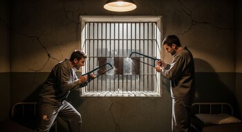 Dos hombres con uniformes grises de prisión usan seguetas para cortar los barrotes de una ventana en una celda oscura, con chispas volando.