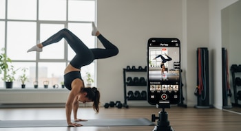 Mujer en ropa deportiva haciendo parada de manos sobre tapete de yoga, grabándose con un smartphone en trípode con pantalla de TikTok en primer plano.