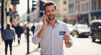 Un hombre con camisa blanca habla por su celular y sostiene una tarjeta de crédito azul en una calle concurrida, con personas y coches borrosos al fondo.