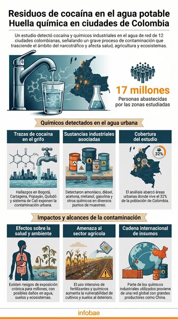 Infografía mostrando un grifo vertiendo agua con estructuras químicas, un mapa de Colombia, figuras de personas, barriles, un cuerpo humano, una granja y un globo terráqueo.