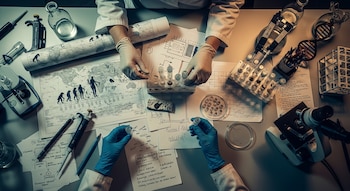 Mesa de laboratorio con dos pares de manos enguantadas, tubos de ensayo, pipetas, un microscopio, un modelo de ADN, mapas y documentos.