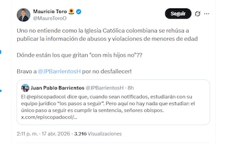 El congresista Mauricio Toro cuestionó a la Iglesia Católica colombiana por no publicar información sobre abusos y violaciones de menores de edad - crédito @MauroToroO/X