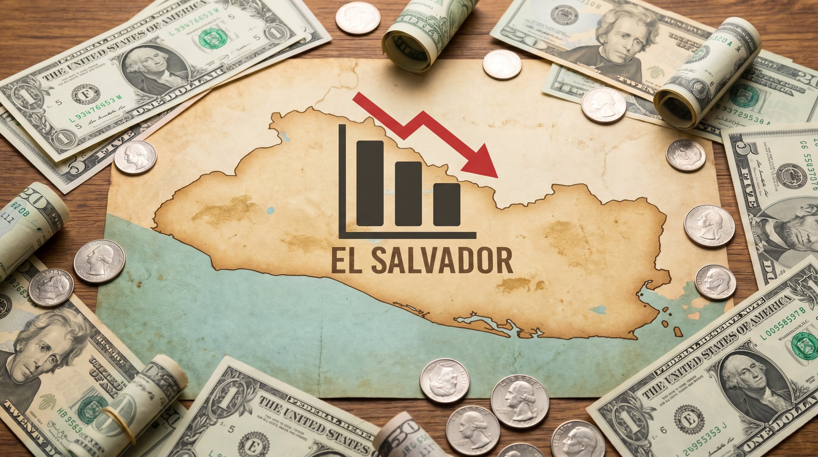 El mapa de El Salvador se ilustra con dólares estadounidenses, un gráfico de barras en descenso y una flecha roja indicando una tendencia económica negativa, reflejando la situación actual del país. (Imagen Ilustrativa Infobae)