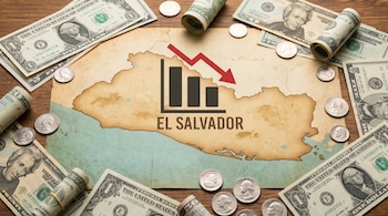 Imagen de un mapa de El Salvador con el texto "EL SALVADOR", rodeado de dólares y monedas, y una gráfica de barras en caída con una flecha roja descendente en el centro.