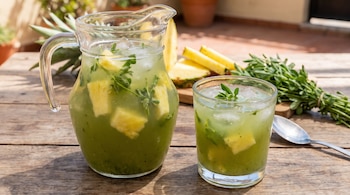 Jarra de vidrio y vaso con agua verde, trozos de piña, hierbas y hielo. Piña cortada y atado de hierbas verdes en la mesa de madera, cuchara.