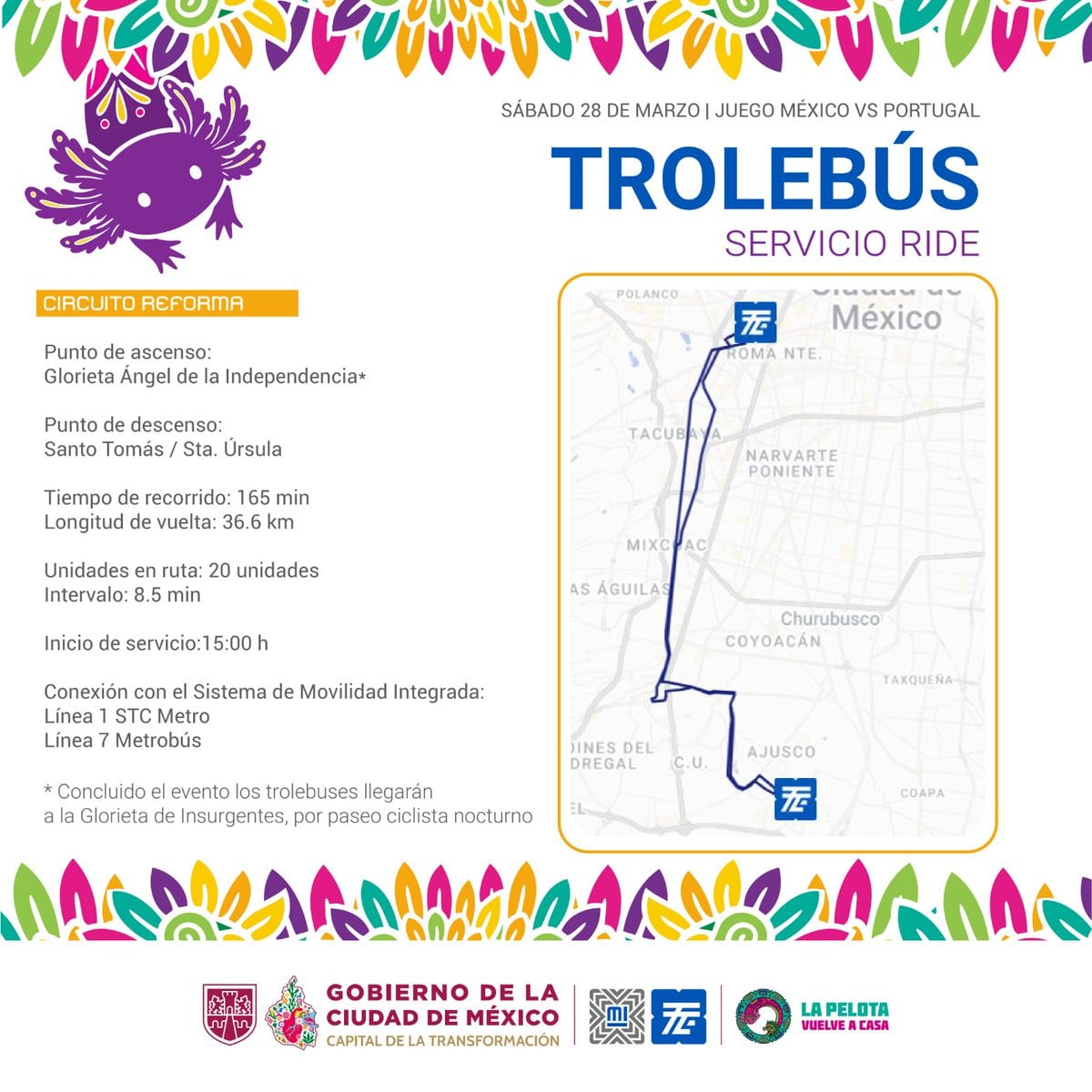 Trolebús rutas partido México-Portugal CDMX (@STECDMX/X)