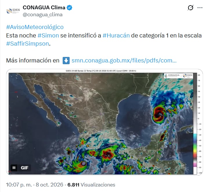 Una publicación en la red social X de CONAGUA Clima informa sobre la intensificación del huracán Simon a categoría 1 en México. (Servicio Meteorológico Nacional)