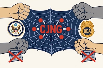 Una telaraña azul con las letras CJNG en rojo y círculos al centro. Manos beige y grises aprietan la telaraña. Símbolos del Departamento de Estado y la DEA. Visas tachadas.