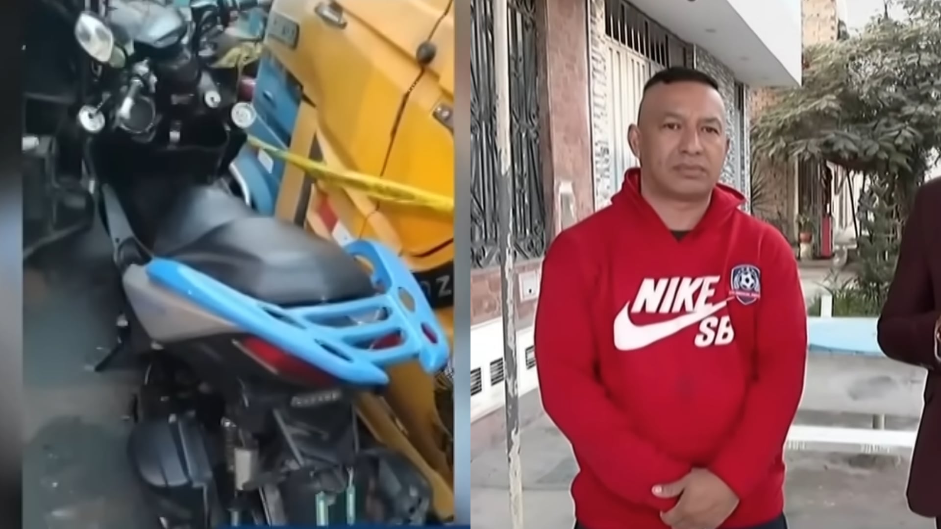 Un hombre afectado se posiciona frente a una motocicleta y un taxi eléctrico dañados, marcados con cinta de precaución. (Composición: Infobae Perú)