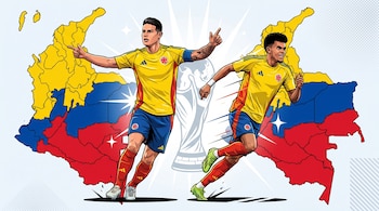 Ilustración de James Rodríguez y Luis Díaz en uniforme de fútbol colombiano frente a un mapa tricolor de Colombia, con el trofeo de la Copa Mundial sutilmente de fondo.
