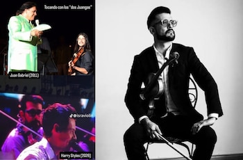 Israel Torres Araiza se integró a la orquesta de Harry Styles durante seis fechas del Together, Together Tour en CDMX tras acompañar a Juan Gabriel en 2011. (Crédito especial: Redes @israviolin)