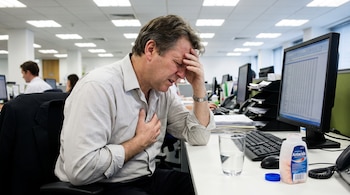 Hombre de mediana edad sentado en escritorio de oficina, con una mano en la frente y otra en el pecho, junto a monitor, teclado, mouse, vaso de agua y frasco de antiácidos.