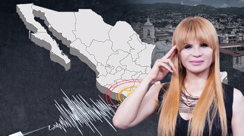 Mhoni Vidente a la derecha junto a un mapa tridimensional de México, un gráfico sismológico y ondas de epicentro.
